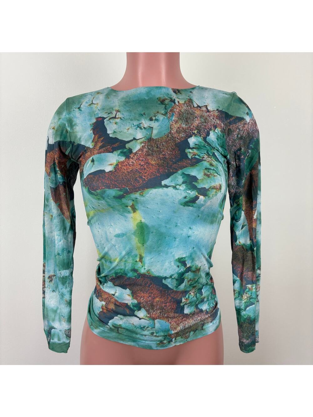 AMB second skin mesh top semi sheer green blue One Size tie dye